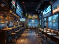 Dynamic sports bar with large screens and memorabilia displays3D render
