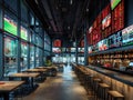 Dynamic sports bar with large screens and memorabilia displays3D render