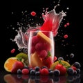 Dynamic Sports Smoothie Blend: Studio-lit Diagonal Arrangement, Bold Contrasts, Pouring Focus, Close-up Fruit Details, Layered