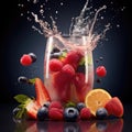 Dynamic Sports Smoothie Blend: Studio-lit Diagonal Arrangement, Bold Contrasts, Pouring Focus, Close-up Fruit Details, Layered