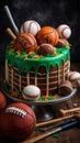 Dynamic Sports-Themed Cake: Edible Fondant Replicas of Sports Equipment