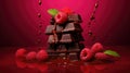 Dynamic stack of chocolate bars, raspberries, and syrup splash on a vibrant red backdrop. Ai Generated