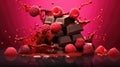 Dynamic stack of chocolate bars, raspberries, and syrup splash on a vibrant red backdrop. Ai Generated
