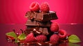 Dynamic stack of chocolate bars, raspberries, and syrup splash on a vibrant red backdrop. Ai Generated