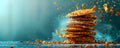 Dynamic Stack of Crispy Golden Cookies with Crumbs Flying on Vibrant Blue Background