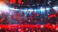 Vibrant Concert Scene with Dynamic Red Confetti, Bright Stage Lights and Celebration Atmosphere. Perfect for Event Royalty Free Stock Photo