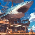 Seafaring Adventure: Pirate Ship and Shark Encounter Royalty Free Stock Photo