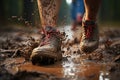 Man walking through mud, splashing water in captivating outdoor adventure Royalty Free Stock Photo