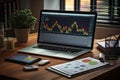 Dynamic Stock Market Analysis: Cluttered Desk with Vibrant Charts and Sleek Office Setup