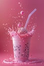 Dynamic Strawberry Milkshake Splash in Glass with Straw and Boba Pearls on Pink Background Royalty Free Stock Photo