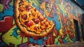 Dynamic Street Art: Hyper-Detailed Pizza Slice Amid Vibrant Graffiti Swirls