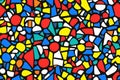 A dynamic and structured design of primary-colored geometric shapes, including circles, squares