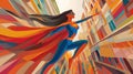 Dynamic Superhero Mother Soaring Through Abstract Urban Skyline, created using generative AI tools