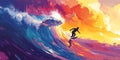 Dynamic Surf Scene with a Surfer Catching a Wave Wallpaper Background Royalty Free Stock Photo