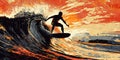 Dynamic Surf Scene with a Surfer Catching a Wave Wallpaper Background Royalty Free Stock Photo