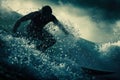 Dynamic Surfer Gliding on Cresting Wave at Twilight