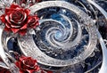 A dynamic swirl of metallic roses and snowflakes, a symmetrical composition, the whimsical adventure aesthetic of Japanese manga,