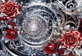 A dynamic swirl of metallic roses and snowflakes, a symmetrical composition, the whimsical adventure aesthetic of Japanese manga,