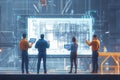 A Dynamic Team of Engineers and Architects Utilizing Sleek Tablet Devices for Precision in Assembling Complex Metal Construction