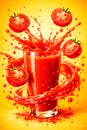 Dynamic Tomato Juice Splash With Fresh Sliced Tomatoes On Vibrant Yellow Background Royalty Free Stock Photo