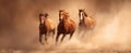 The dynamic trio of horses galloping through a dusty landscape..AI generated image Royalty Free Stock Photo