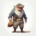 Dynamic Troubadour Style: Old Man Confronts Shark In Detailed Character Design