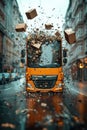 Dynamic truck bursting through digital screen scattering boxes Royalty Free Stock Photo