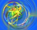 Dynamic tunnel of circles, spirals and plumes. Abstract light digital painting in vivid spring and summer hues of blue and yellow. Royalty Free Stock Photo