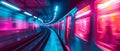 Dynamic Underground Journey Neon Pink And Blue Hues Energize Swiftly Moving Subway Train