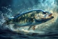 Dynamic Underwater Action Scene Depicting a Largemouth Bass Fish in Natural Habitat with Vivid Water Splashes and Sunlight Effects