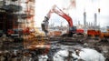 Dynamic urban construction site showcases modern excavators and trucks at work in a bustling landscape of development Royalty Free Stock Photo