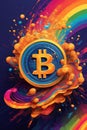 stylized Bitcoin coin exploding into a burst of rainbow-hued digital particles