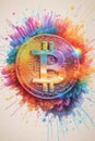 stylized Bitcoin coin exploding into a burst of rainbow-hued digital particles