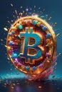 stylized Bitcoin coin exploding into a burst of rainbow-hued digital particles