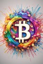 stylized Bitcoin coin exploding into a burst of rainbow-hued digital particles