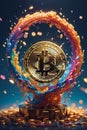 stylized Bitcoin coin exploding into a burst of rainbow-hued digital particles