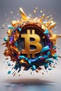 stylized Bitcoin coin exploding into a burst of rainbow-hued digital particles