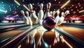 Dynamic view of a bowling ball striking pins at a bowling alley. Royalty Free Stock Photo