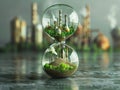 Dynamic view of an hourglass with the fading image of petrochemical plants turning into green factories