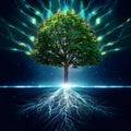 A dynamic view of tree roots and leaves connected by glowing energy lines