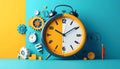 A dynamic visual representation of time management and productivity featuring a massive split color alarm clock surrounded by Royalty Free Stock Photo