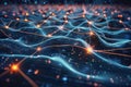 A dynamic visualization depicts a network of glowing nodes interconnected by flowing Royalty Free Stock Photo