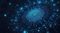Dynamic visualization illustrates a network of glowing blue points radiating outward, symbolizing data transmission in a