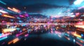 Dynamic visuals of a BNPL-powered metaverse with vibrant colors reflected in water at dusk