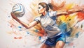 Dynamic volleyball player in action with vibrant abstract strokes. Generative AI Royalty Free Stock Photo