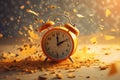 dynamic wake-up call, vintage alarm clock ringing and exploding into a burst pieces, sunlight Royalty Free Stock Photo