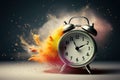 dynamic wake-up call, vintage alarm clock ringing and exploding into colorful dust bright fragments Royalty Free Stock Photo
