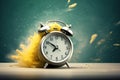dynamic wake-up concept, vintage alarm clock ringing and exploding into dust bright fragments Royalty Free Stock Photo