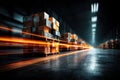 Dynamic warehouse scene with stacked boxes and vibrant light trails, showcasing fast paced logistics environment Royalty Free Stock Photo