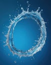 Dynamic water ring splash in motion with droplets flying mid-air. Clear liquid forms abstract circular shape on deep blue Royalty Free Stock Photo
